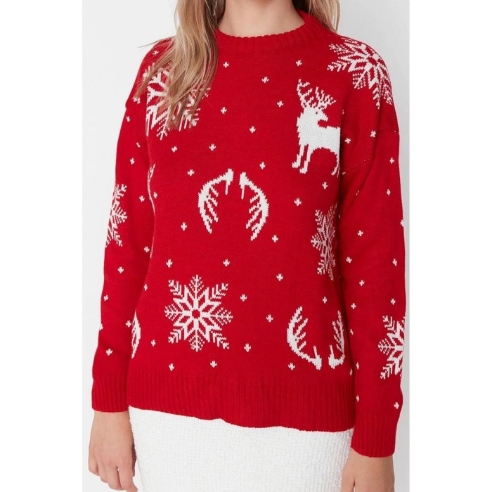 Women Fashion Stylish Crew Neck Low Sleeve Regular Christmas Themed Jacquard Knitwear Sweater