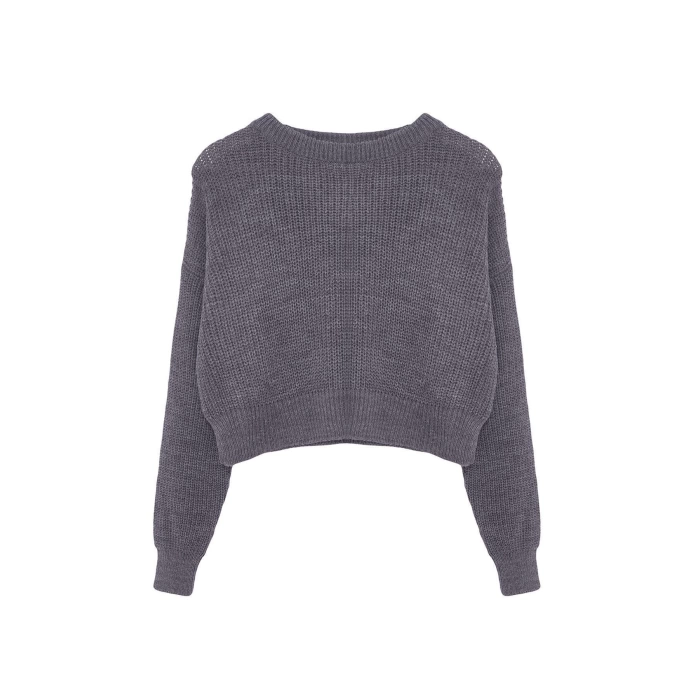 Women Fashion Stylish Crew Neck Low Sleeve Crop Super Basic Knitwear Sweater