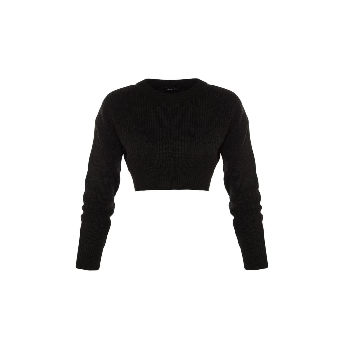 Women Fashion Stylish Crew Neck Low Sleeve Crop Super Basic Knitwear Sweater