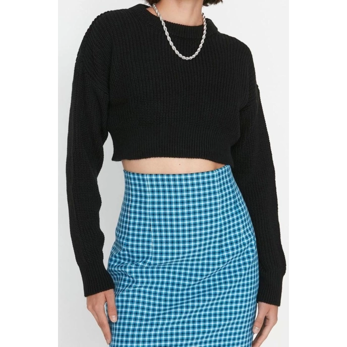 Women Fashion Stylish Crew Neck Low Sleeve Crop Super Basic Knitwear Sweater