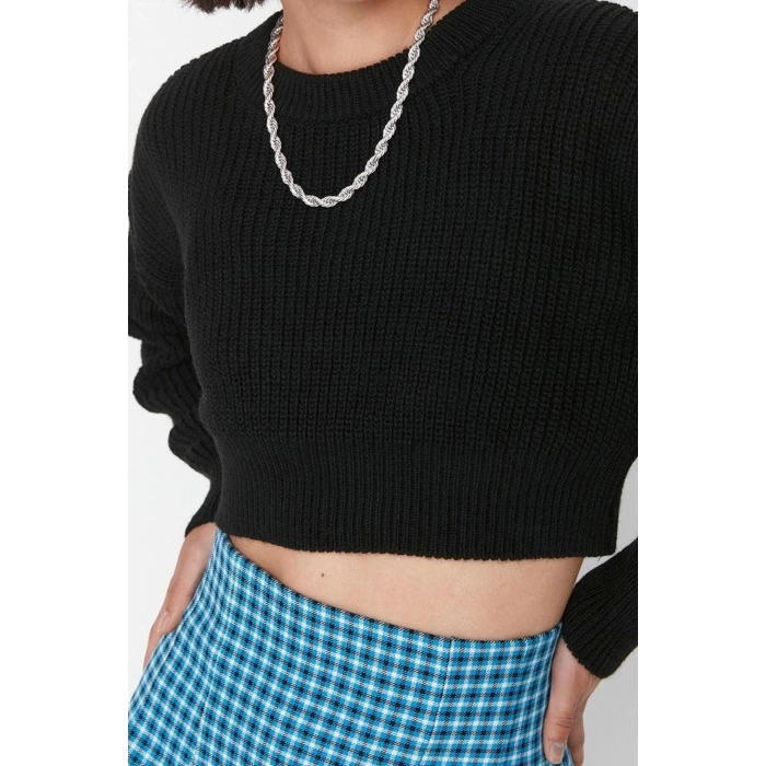 Women Fashion Stylish Crew Neck Low Sleeve Crop Super Basic Knitwear Sweater