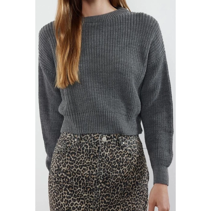 Women Fashion Stylish Crew Neck Low Sleeve Crop Super Basic Knitwear Sweater