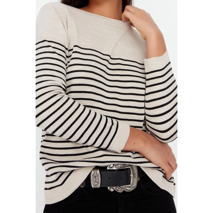 Women Fashion Stylish Crew Neck Standard Sleeve Regular Navy Blue Basic Striped Knitwear Sweater