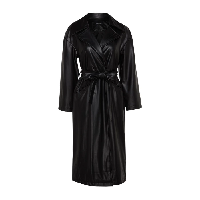 Women Fashion Stylish Oversize Jacket Collar Long Plain Lined Oversize Wide Cut Belted Faux Leather Trench Coat