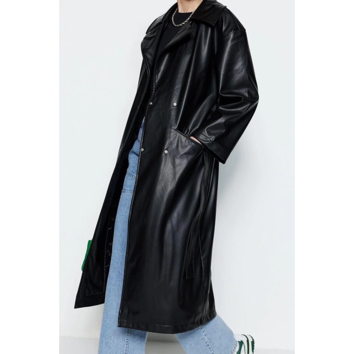 Women Fashion Stylish Oversize Jacket Collar Long Plain Lined Oversize Wide Cut Belted Faux Leather Trench Coat