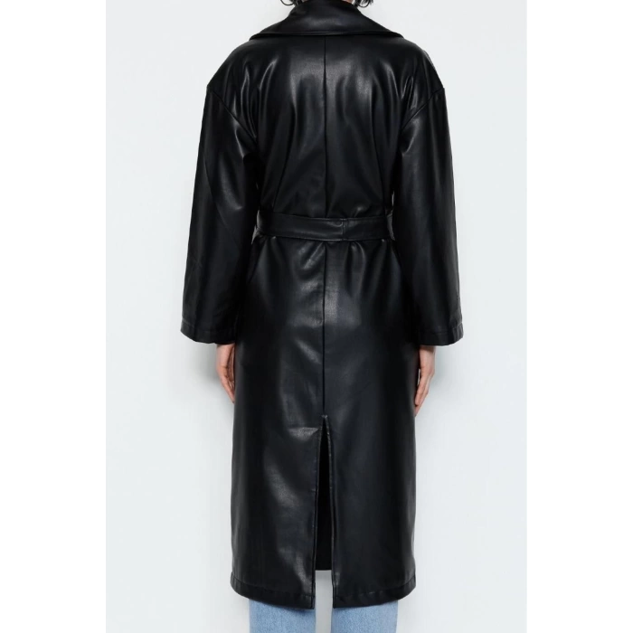 Women Fashion Stylish Oversize Jacket Collar Long Plain Lined Oversize Wide Cut Belted Faux Leather Trench Coat