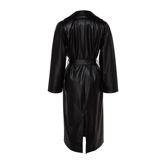 Women Fashion Stylish Oversize Jacket Collar Long Plain Lined Oversize Wide Cut Belted Faux Leather Trench Coat