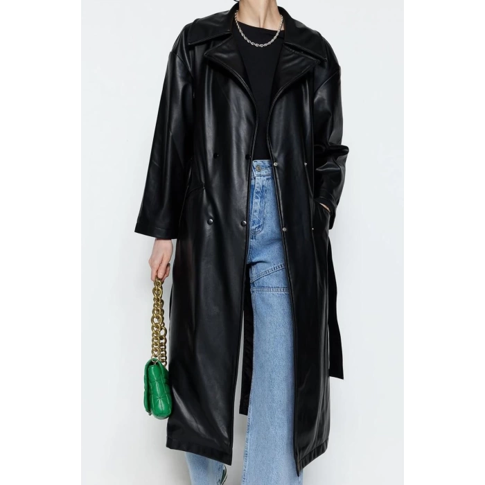 Women Fashion Stylish Oversize Jacket Collar Long Plain Lined Oversize Wide Cut Belted Faux Leather Trench Coat