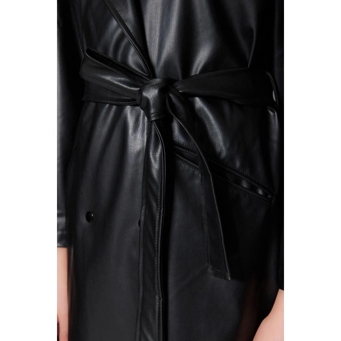 Women Fashion Stylish Oversize Jacket Collar Long Plain Lined Oversize Wide Cut Belted Faux Leather Trench Coat