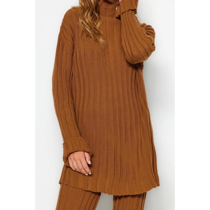 Women Fashion Stylish Regular Length Long Sleeve Ribbed Trousers Slit Detailed Knitwear Bottom-Top Set