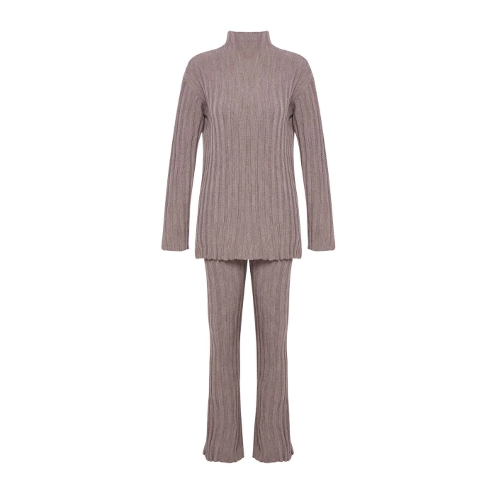 Women Fashion Stylish Regular Length Long Sleeve Ribbed Trousers Slit Detailed Knitwear Bottom-Top Set