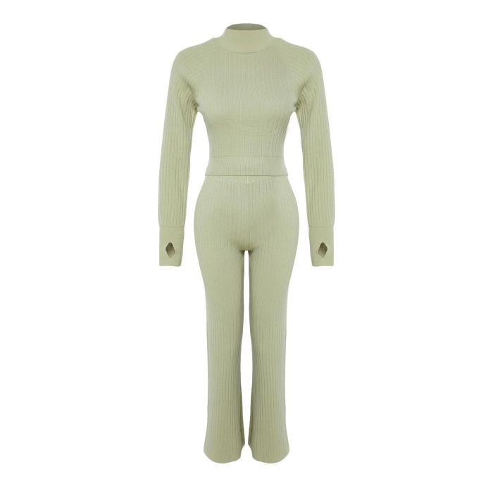 Women Fashion Stylish Regular Length Long Sleeve Crop Ribbed Finger Detailed Knitwear Top-Bottom Set