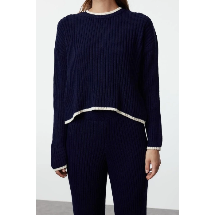 Women Fashion Stylish Straight Leg Crop Length Long Sleeve Crop Ribbed Color Block Knitwear Bottom-Top Set