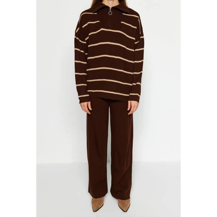 Womens Fashion Stylish Regular Length Long Sleeve Wide Cut Zippered Knitwear Top-Bottom Set