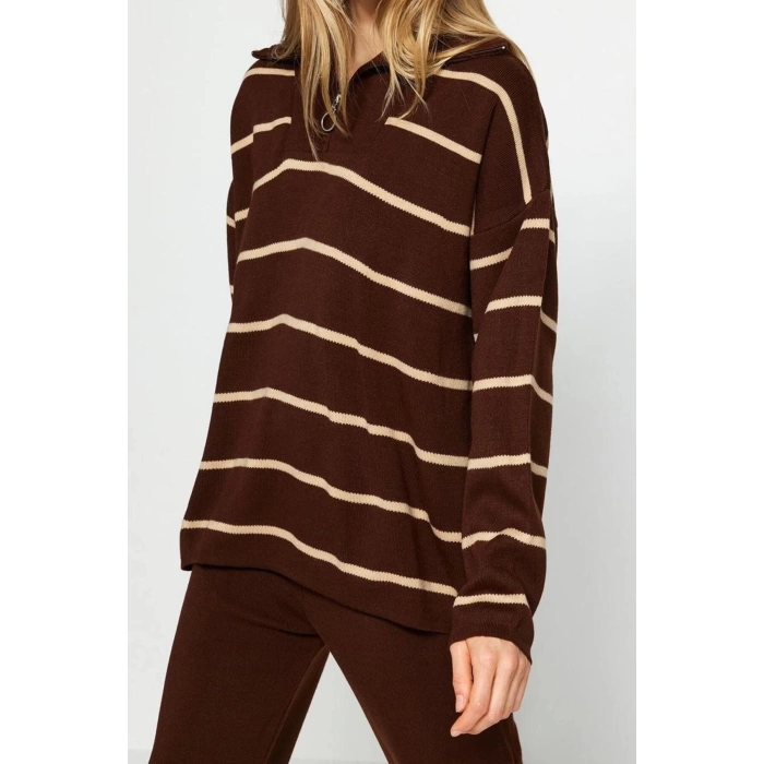 Womens Fashion Stylish Regular Length Long Sleeve Wide Cut Zippered Knitwear Top-Bottom Set