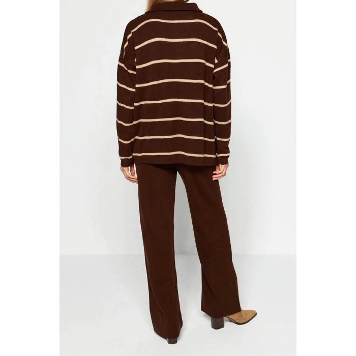 Womens Fashion Stylish Regular Length Long Sleeve Wide Cut Zippered Knitwear Top-Bottom Set