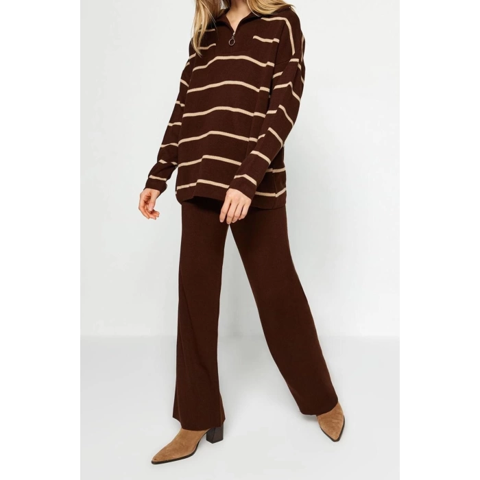 Womens Fashion Stylish Regular Length Long Sleeve Wide Cut Zippered Knitwear Top-Bottom Set