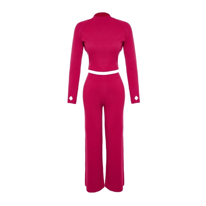 Womens Fashion Stylish Tube Leg Crop Length Long Sleeve Crop Finger Detailed Knitwear Top-Bottom Set