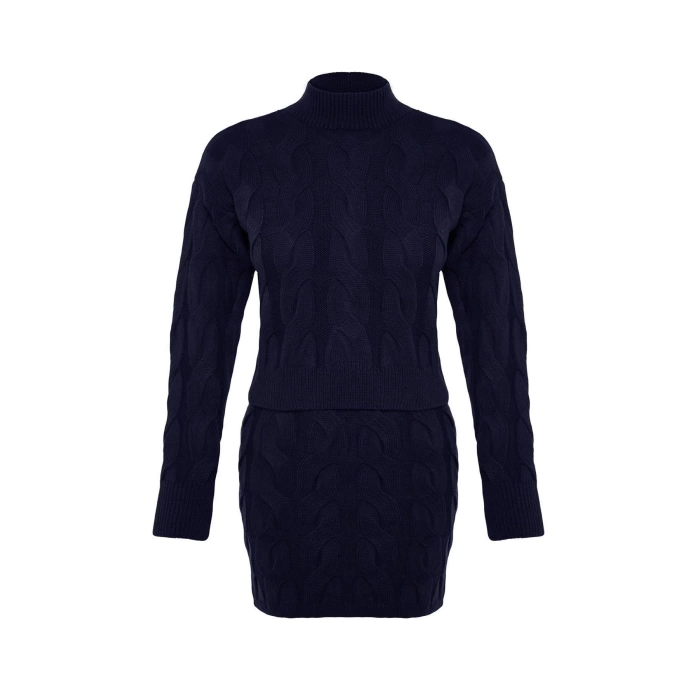 Women Fashion Stylish Regular Length Long Sleeve Crop Stand Collar Knitwear Skirted Top-Bottom Set