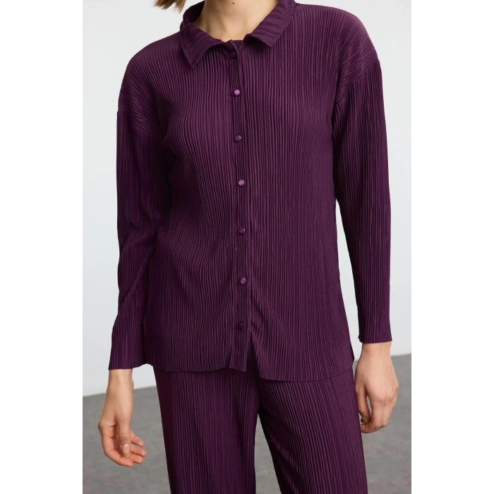 Womens Fashion Stylish Long Sleeve Pleated Oversized Buttoned Knitted Bottom-Top Set
