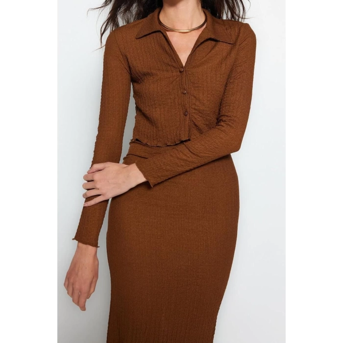 Kadın Moda Şık Regular Boy Uzun Kollu Premium Dokulu Regular Polo Yaka Esnek Örme Alt-Üst Takım