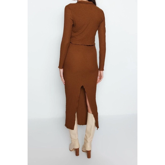 Kadın Moda Şık Regular Boy Uzun Kollu Premium Dokulu Regular Polo Yaka Esnek Örme Alt-Üst Takım