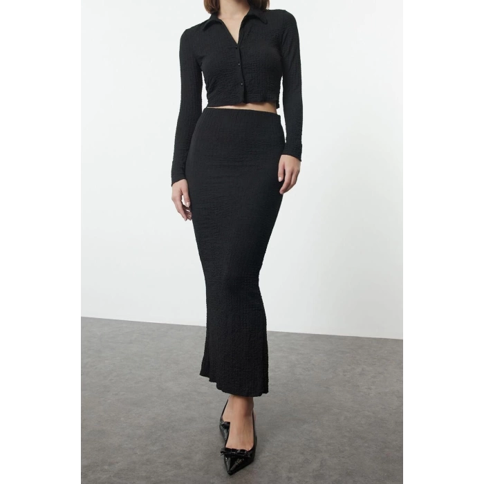 Kadın Moda Şık Regular Boy Uzun Kollu Premium Dokulu Regular Polo Yaka Esnek Örme Alt-Üst Takım