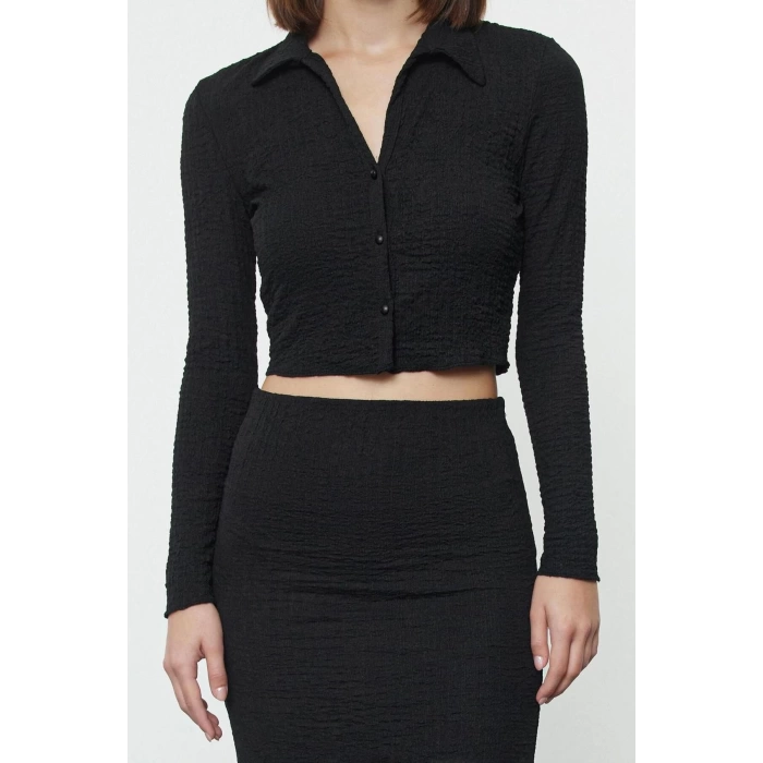 Kadın Moda Şık Regular Boy Uzun Kollu Premium Dokulu Regular Polo Yaka Esnek Örme Alt-Üst Takım