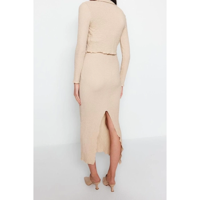 Kadın Moda Şık Regular Boy Uzun Kollu Premium Dokulu Regular Polo Yaka Esnek Örme Alt-Üst Takım