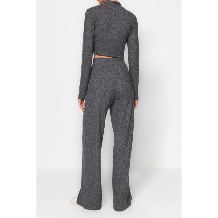 Womens Fashion Stylish Wide Leg Long Length Stand Collar Soft Crop and Wide Leg Knitted Bottom-Top Set