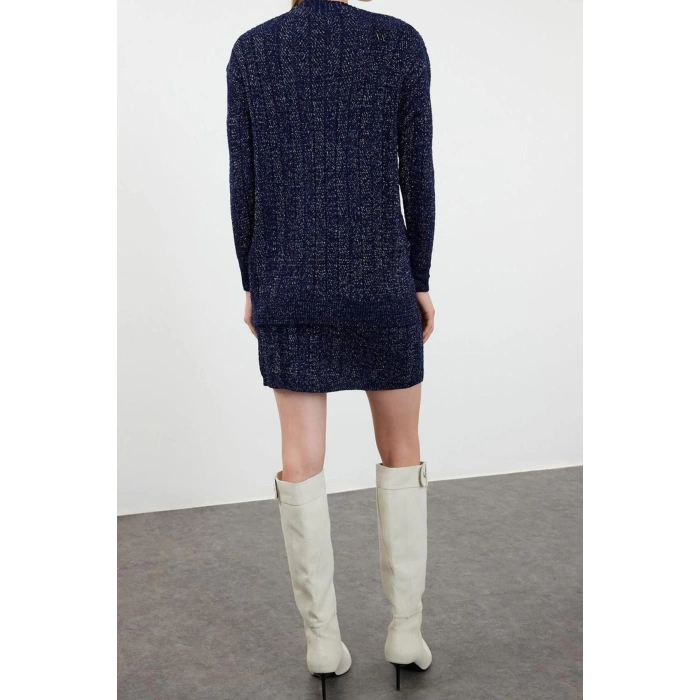 Women Fashion Stylish Regular Length Long Sleeve Glittery Skirt-Cardigan Knitwear Bottom-Top Set
