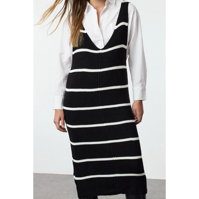 Kadın Moda Şık Maxi Boy V Yaka Regular Siyah Triko Jile Elbise