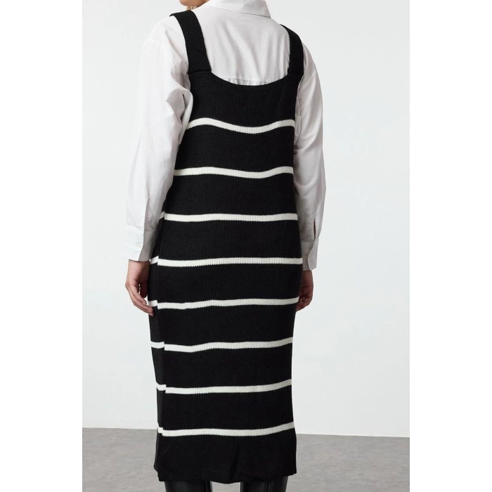 Kadın Moda Şık Maxi Boy V Yaka Regular Siyah Triko Jile Elbise