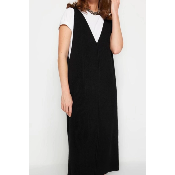 Kadın Moda Şık Maxi Boy V Yaka Regular Siyah Triko Jile Elbise
