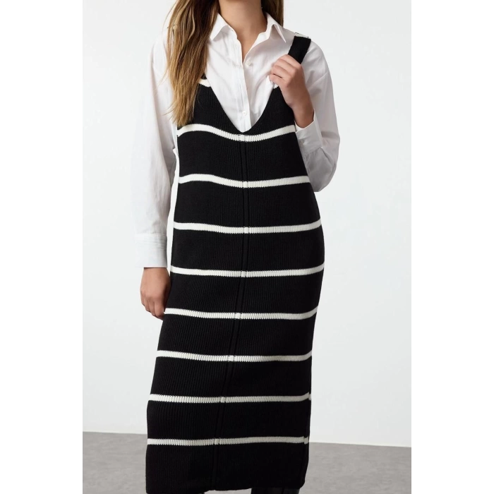 Kadın Moda Şık Maxi Boy V Yaka Regular Siyah Triko Jile Elbise