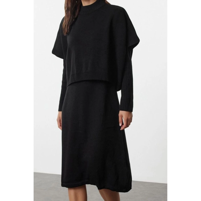 Kadın Moda Şık Midi Boy Dik Yaka Oversize Geniş Kalıp Triko Süveterli Elbise