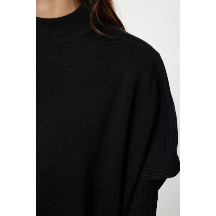 Kadın Moda Şık Midi Boy Dik Yaka Oversize Geniş Kalıp Triko Süveterli Elbise