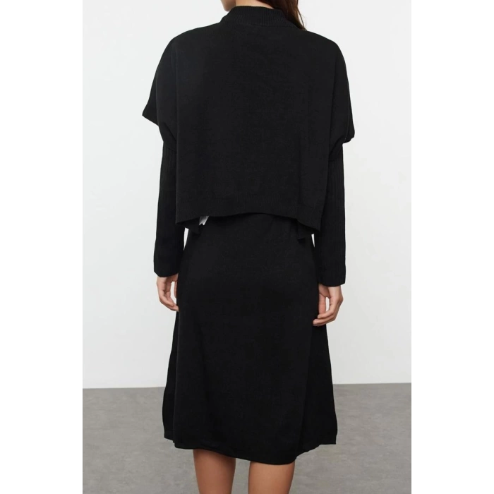 Kadın Moda Şık Midi Boy Dik Yaka Oversize Geniş Kalıp Triko Süveterli Elbise