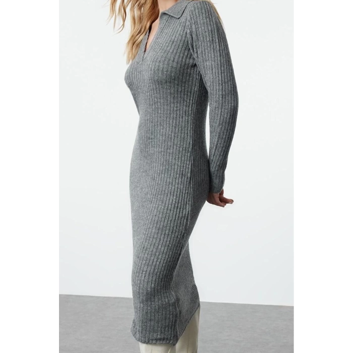 Kadın Moda Şık Midi Boy Polo Yaka Regular Triko Yumuşak Dokulu Elbise