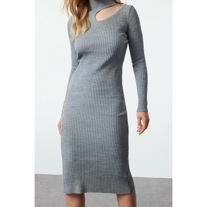 Women Fashion Stylish Midi Length Stand Collar Slim Knitwear Polo Collar Dress