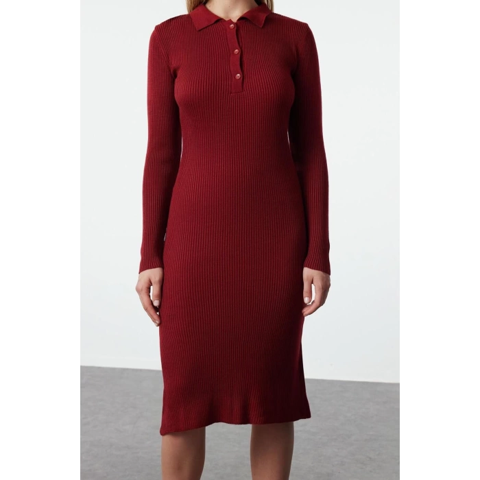 Kadın Moda Şık Midi Boy Polo Yaka Slim Triko Elbise