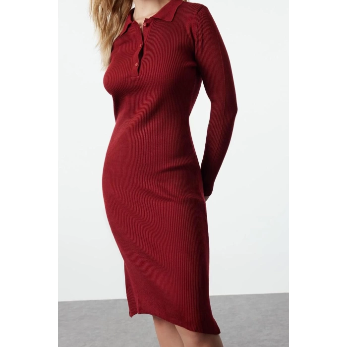 Kadın Moda Şık Midi Boy Polo Yaka Slim Triko Elbise