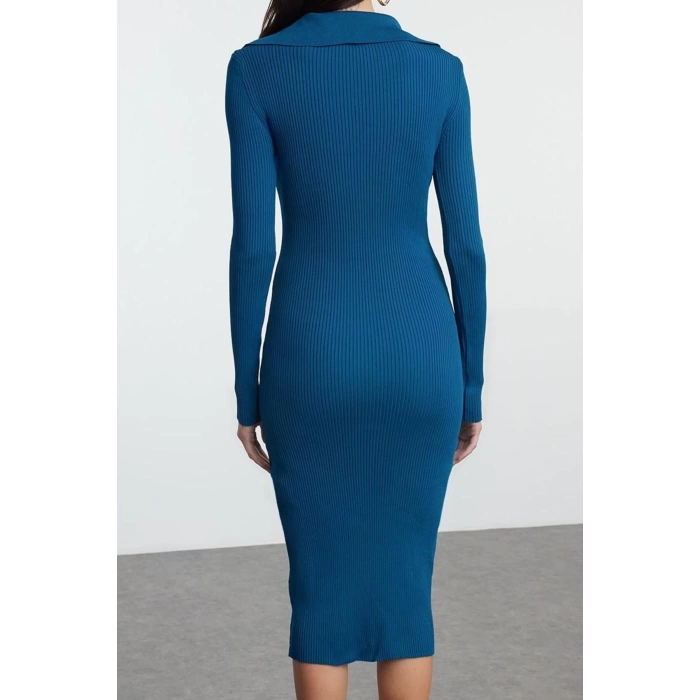 Kadın Moda Şık Midi Boy Polo Yaka Slim Triko Elbise