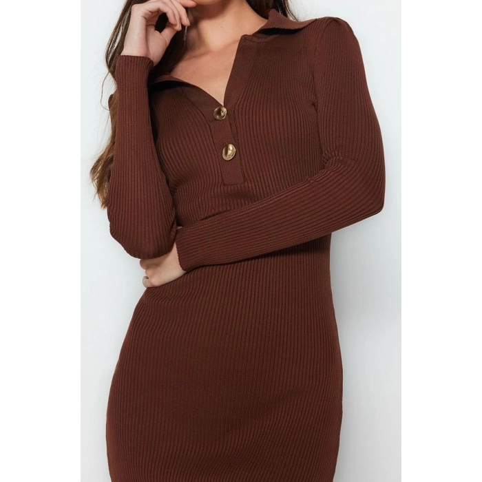 Kadın Moda Şık Midi Boy Polo Yaka Slim Triko Elbise