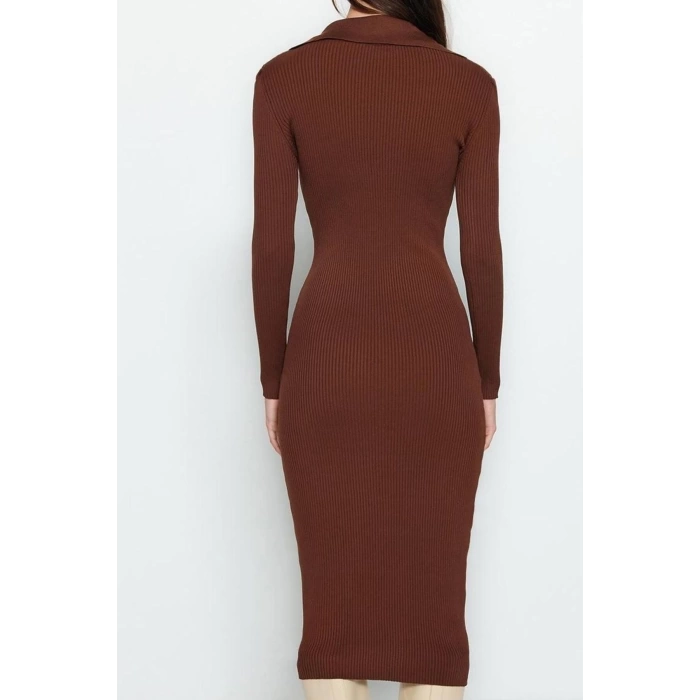 Kadın Moda Şık Midi Boy Polo Yaka Slim Triko Elbise