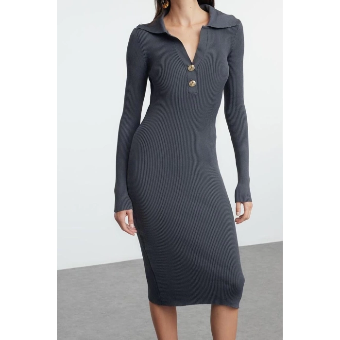 Kadın Moda Şık Midi Boy Polo Yaka Slim Triko Elbise