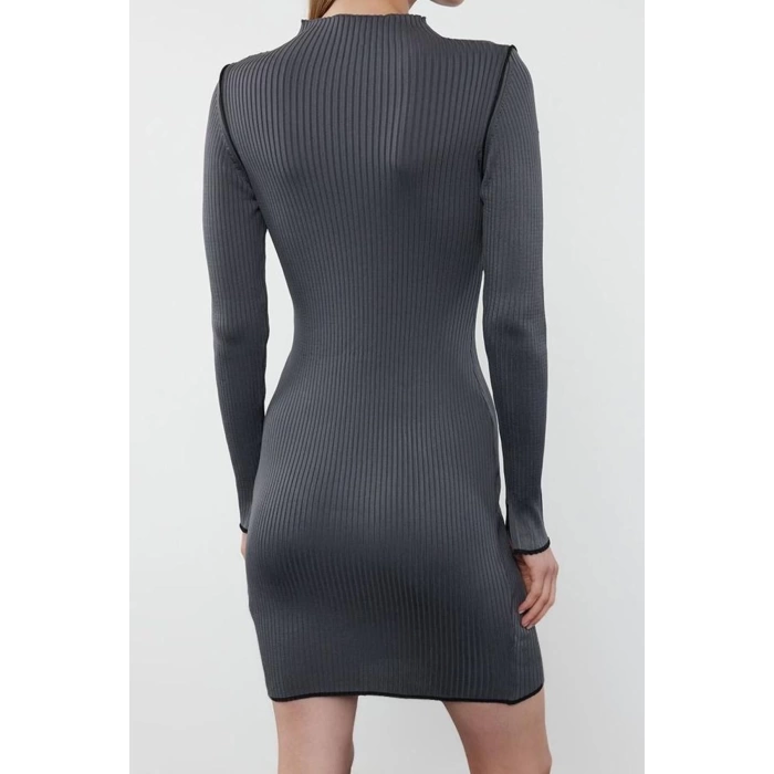 Women Fashion Stylish Mini Length Stand Collar Slim Brown Knitwear Contrast Color Dress