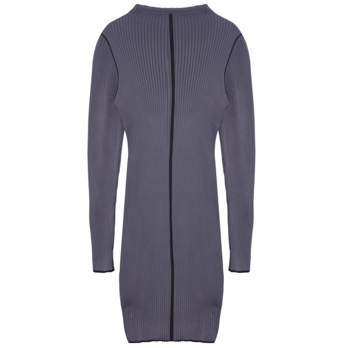 Women Fashion Stylish Mini Length Stand Collar Slim Brown Knitwear Contrast Color Dress