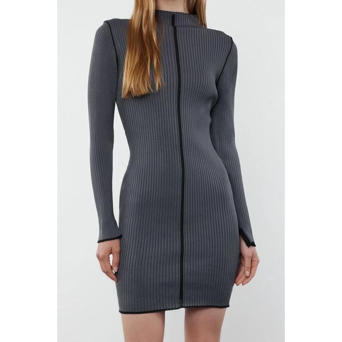 Women Fashion Stylish Mini Length Stand Collar Slim Brown Knitwear Contrast Color Dress