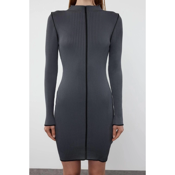 Women Fashion Stylish Mini Length Stand Collar Slim Brown Knitwear Contrast Color Dress